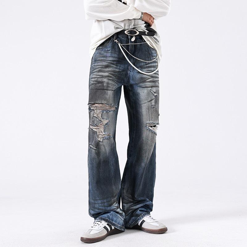 American High Street Old Dirty Dyed Ripped Loose Straight Floor Jeans Men's Length
