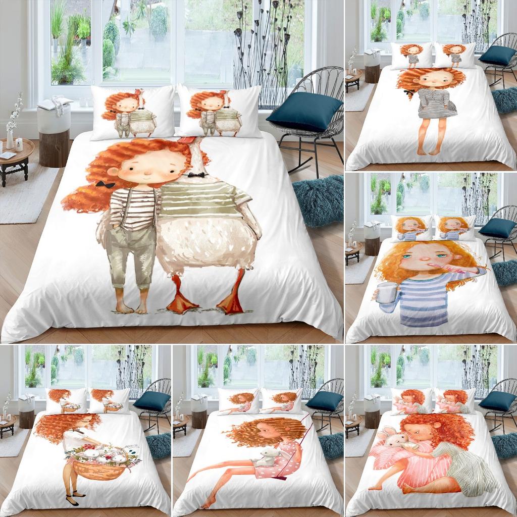 Carton Girl Patern Soft Duvet Cover Set, Adorable Lovely Girl Gose Portrait Beding Set For Child, Oil Painting Style Soft Duvet Cover