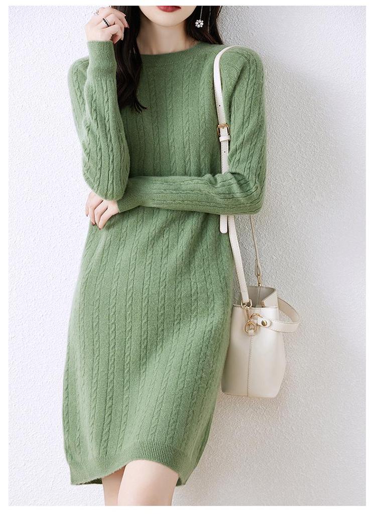 2023 Women's Mid-Length Merino Wool Sweater Dress - Round Neck, Long Sleeve Knitwear for Autumn and Winter