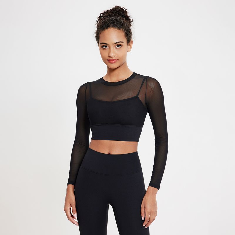 

Fashion Outwear Mesh round Neck Yoga Clothes Long Sleeves Running Quick-Drying Sports Bra One-Piece Cup Workout Clothes Tops Women Black XL