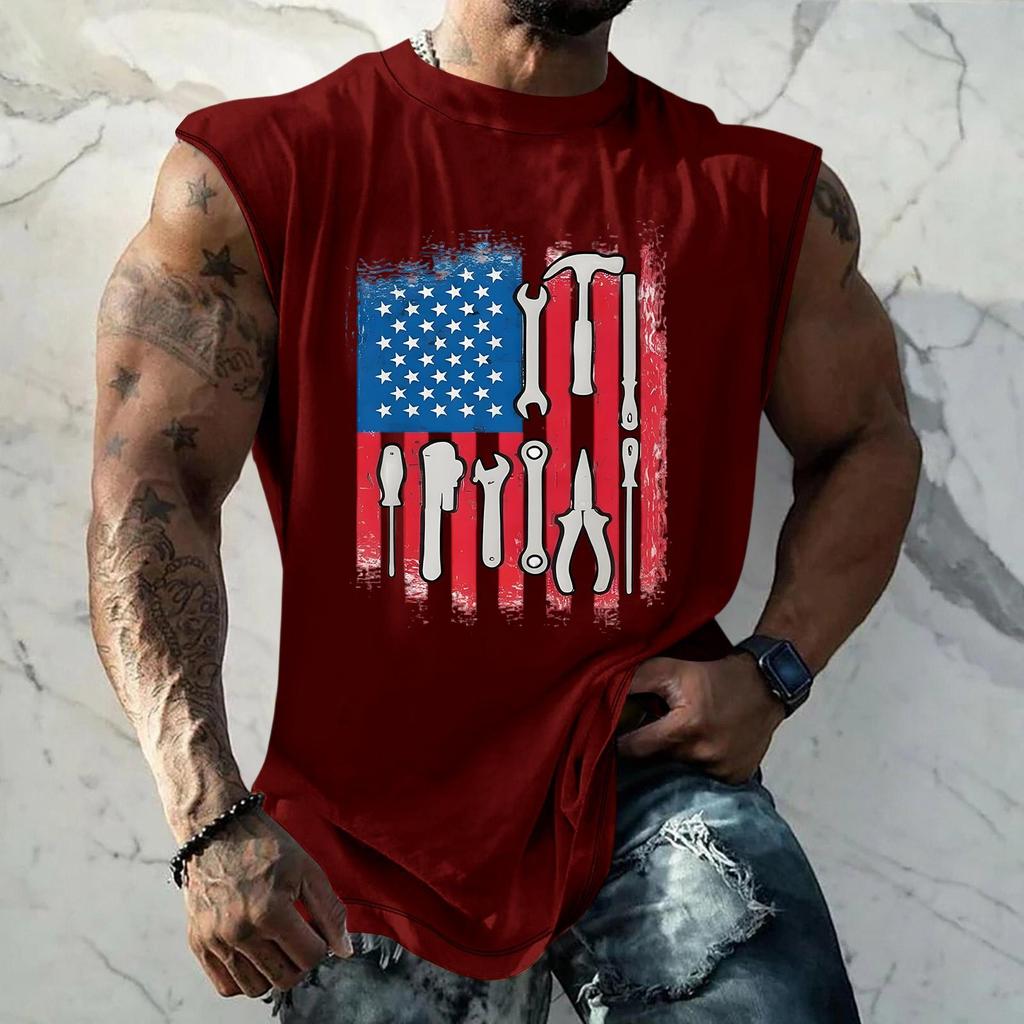 Men's Loose Fit Sleeveless Tank Top Casual Sportswear Muscle Shirt with Tool Print Graphic for Labor Day Outdoor Activities