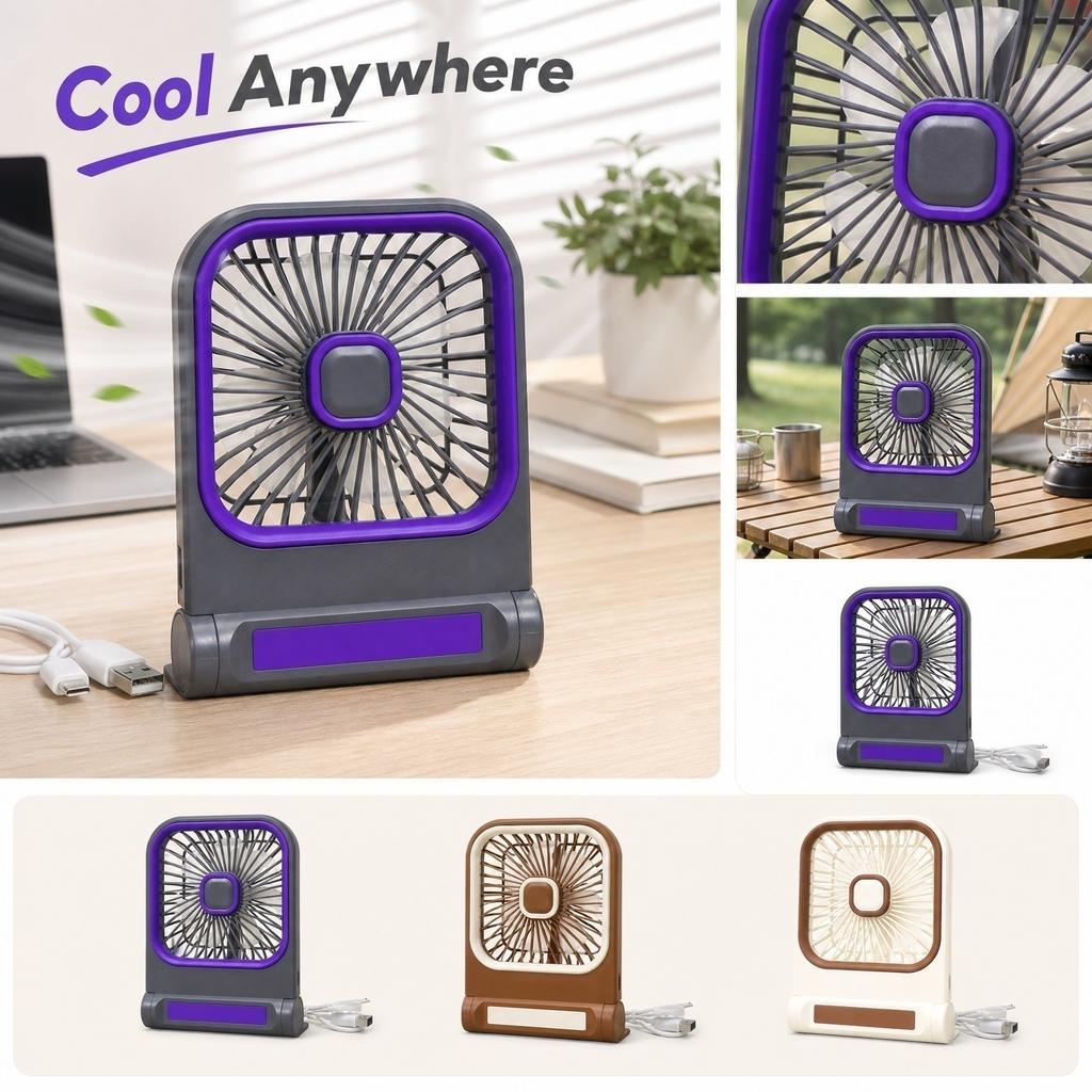 Square Desktop USB Rechargeable Fan with Three Speed Settings Portable Table Fan for Indoor Outdoor Camping and Wall Mount Use