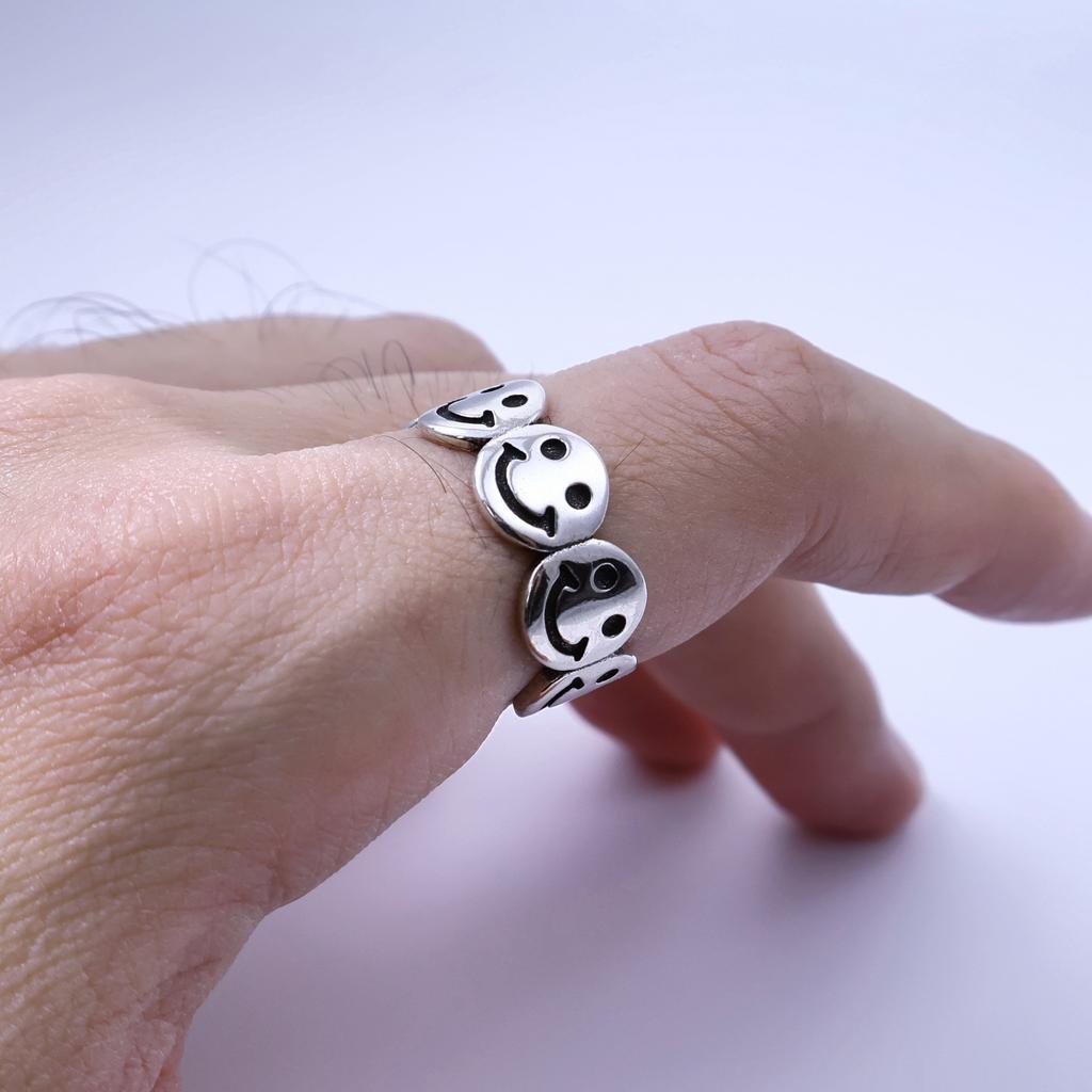 LENNIK "Smile" Adjustable Ring Silver-Clad White Copper Gothic Punk Edgy Jewelry for Men Women Retro Accessories Unisex Gift