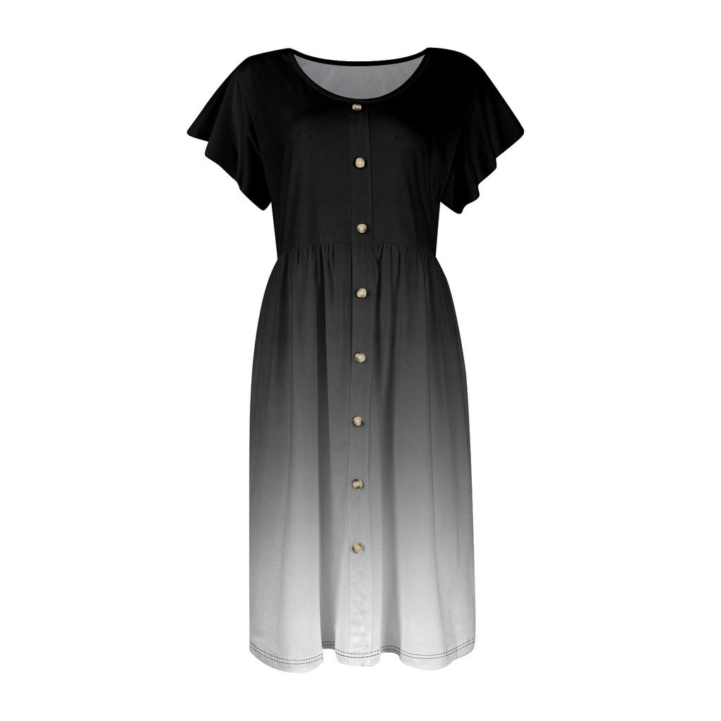 Women's Round Neck Summer Fly Sleeve Casual Printed Loose Button Pocket Midi Dresses