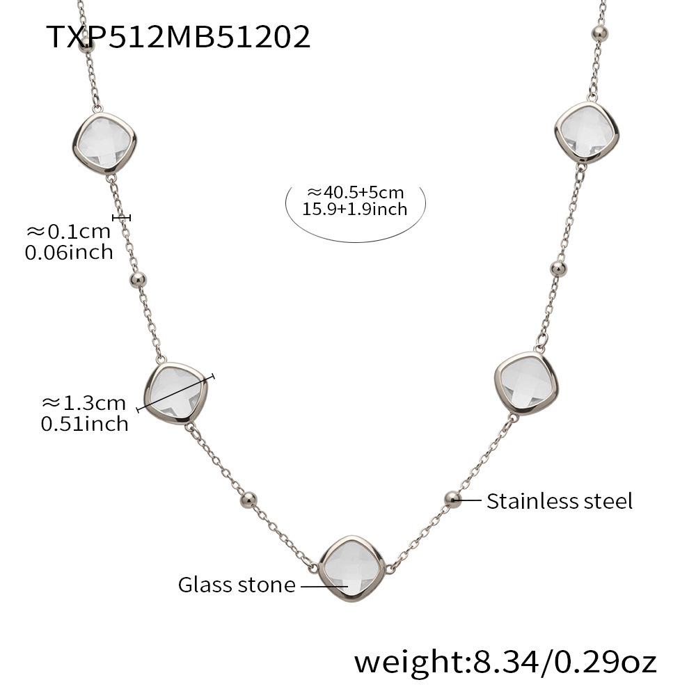 Stylish European & American Stainless Steel Jewelry Set with Square Faceted Glass Stones: Includes Bracelet, Necklace, and Earrings