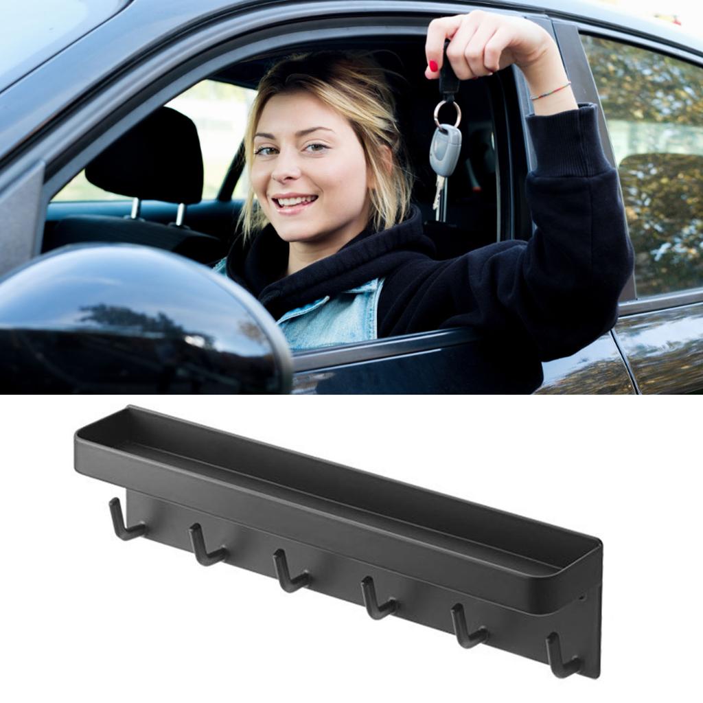 Key Rack with Tray 6pcs Hooks Nail Free Installation Rounded Corners Decorative Practical Carbon