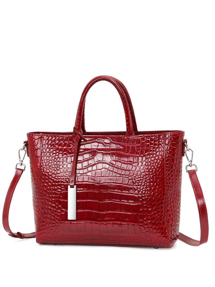 Qian Dian Wine Red Crocodile Pattern Leather Tote – Large Capacity Handbag & Crossbody Bag for Weddings & Work
