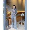Women's Two-Piece Hooded Zip-Up Sweatshirt & Wide-Leg Pants Set - Casual, Loose Fit for Spring & Autumn, Trendy Korean Style