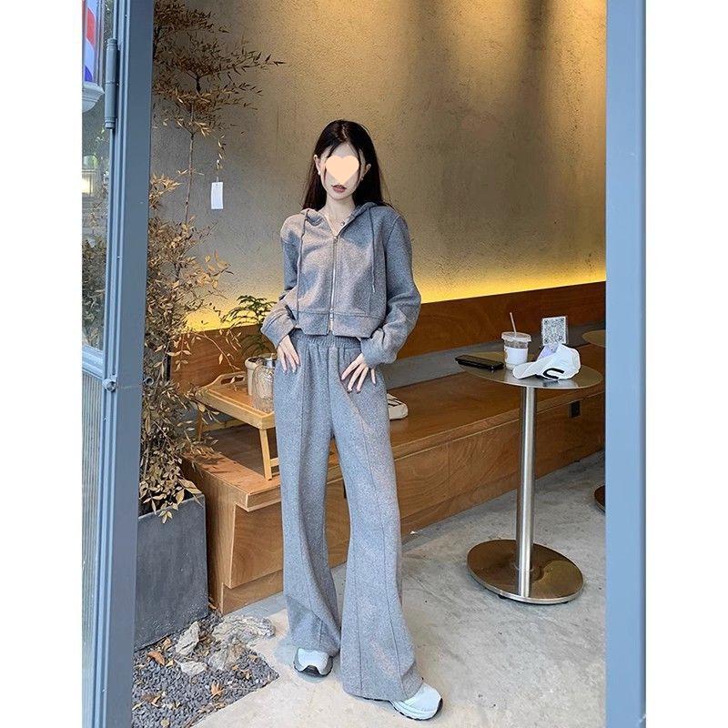 Women's Two-Piece Hooded Zip-Up Sweatshirt & Wide-Leg Pants Set - Casual, Loose Fit for Spring & Autumn, Trendy Korean Style