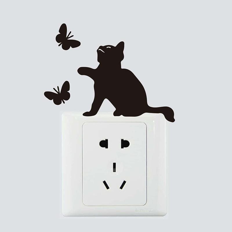 Cartoon Kitten and Butterfly Light Switch Stickers Whimsical Wall Decals for Living Room and Hallway Home Decor
