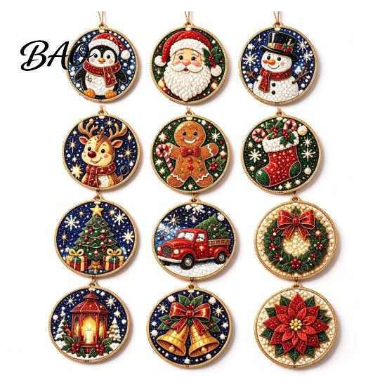 Christmas Tree Hanging Decor 12Pcs DIY Rhinestone Painting Ornament Kit, Faux Pearl Supplies for Adults Art Adults, Holiday Wreath Mantel Craft