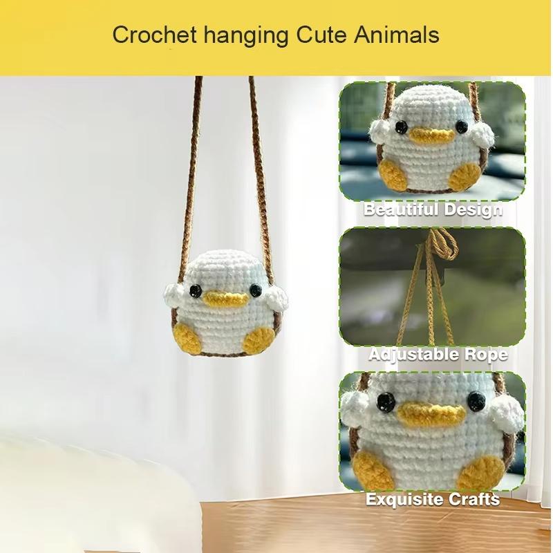Handmade Crochet Animal Car Charms - Soft Yarn Crafted Frog Penguin Chick Pendants Cute Rearview Mirror Decorations for Vehicle