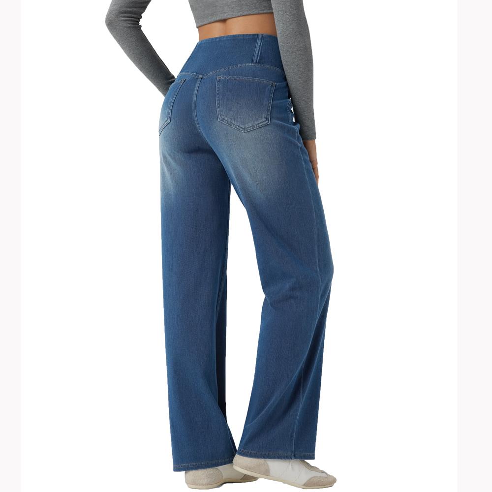 Shascullfites High Waist Dark Blue Wash Stretch Denim Jeans for Women Soft Casual Straight Crossover Fit with Pockets