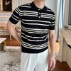 Men's Black & White Striped Knit Polo Shirt Casual Slim-fit Short Sleeve Top All-match Pullover