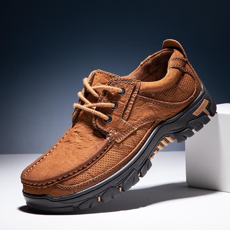 Fashion Spring and Summer Outdoor Sports Men Hiking Leather Shoes Breathable Top Layer Cowhide Casual Leather Shoes
