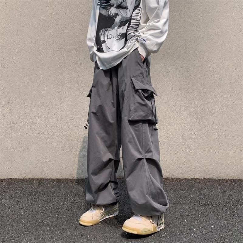 American Retro Workwear Casual Pants Men's High Street Couple Loose Functional Style Drawstring Tied Foot Long Pants