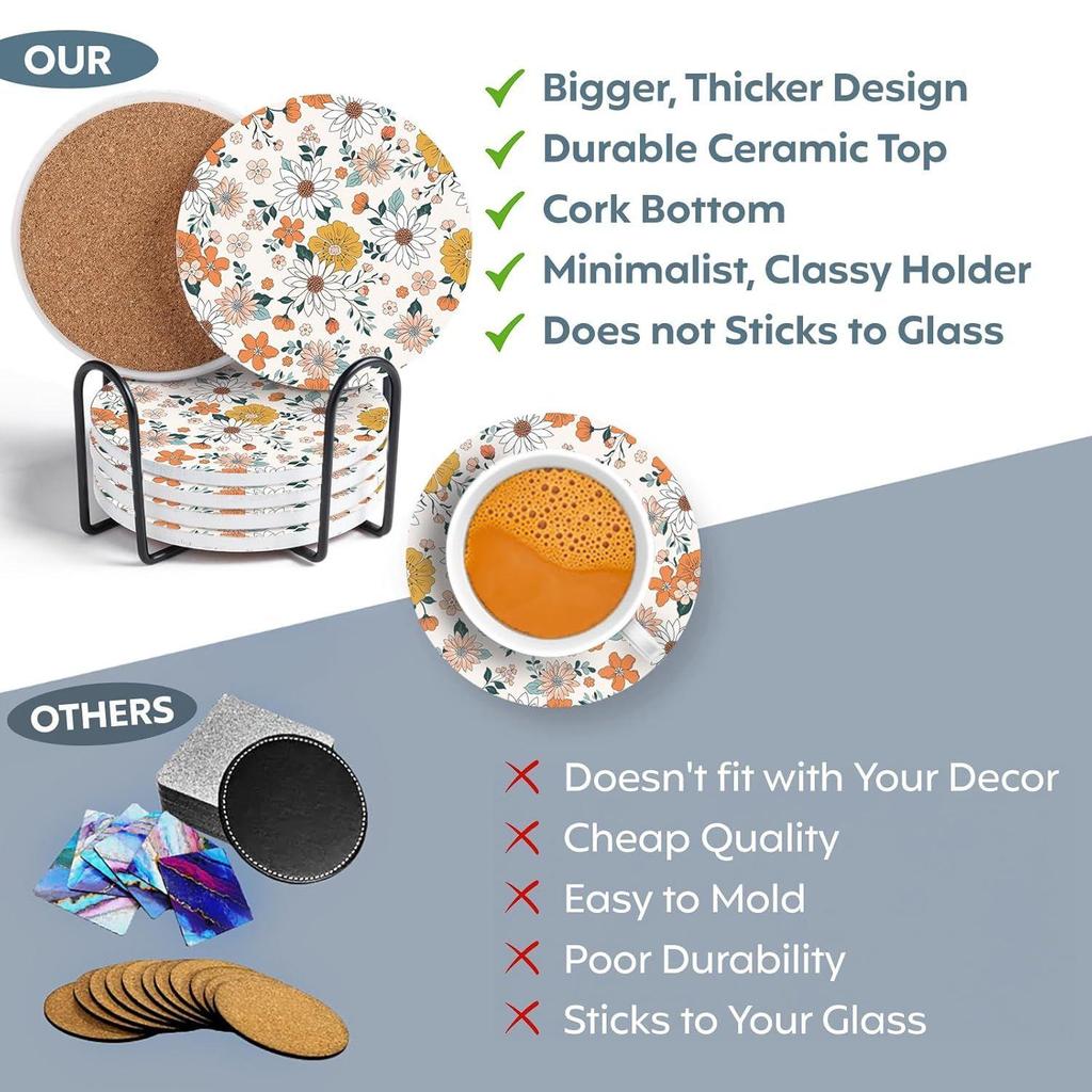 Ceramic Coasters with Matt Finish On Top & Cork Base | Coasters for Cups Set of 6 |