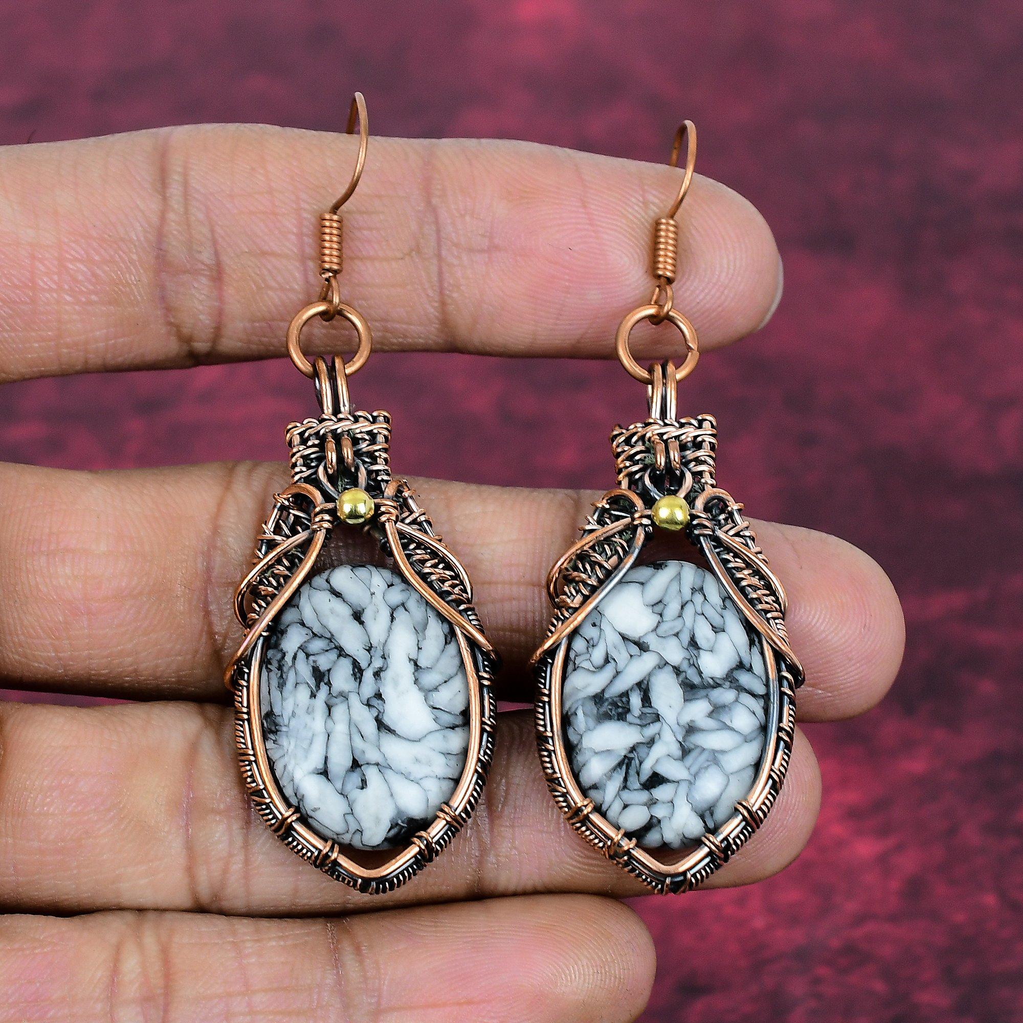 Pinolith Jasper Gemstone Earrings Copper Wire Wrapped Earrings Handmade Jewelry