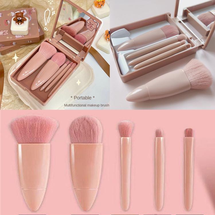 Travel Makeup Set with Mirror Five Soft Bristles Makeup Brush Set with Mirror 5 In 1 Beauty Makeup Tools Foundation Eyeliner Brush Eye Shadow Brush