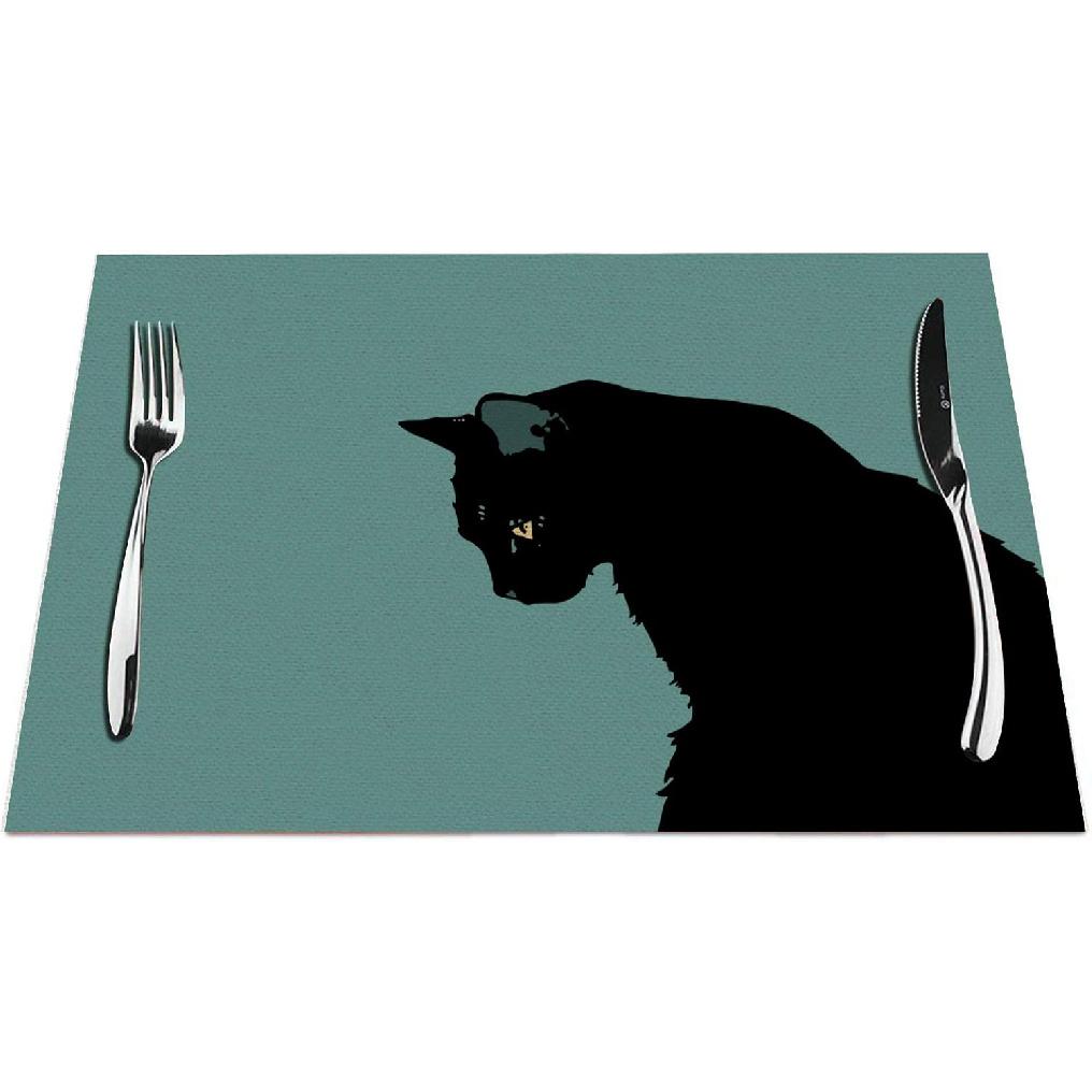 Cat Placemats Set of 4, Art Dark Cat Blue Vintage Placemats Heat Resistant for Dining Table Non-Slip 18x12 Inches