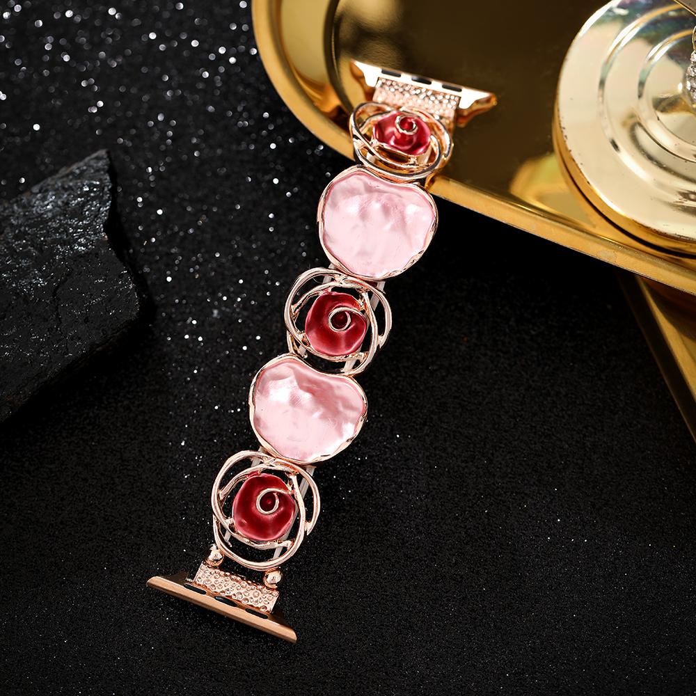 Vintage Dutý Růžový Elastický Náramek pro Apple Watch se 40mm Řemínek 42 44 45 49 38 41mm Květinový Kovový Řemínek pro iWatch 9 8 7 6 5 4