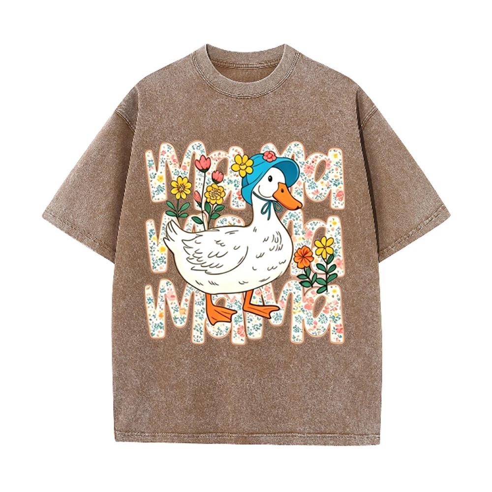 2026 Vintage Washed Black Tshirt Cute Mama Duck Floral Graphic Tee Retro Mothers Day Casual Oversized Streetwear For Women