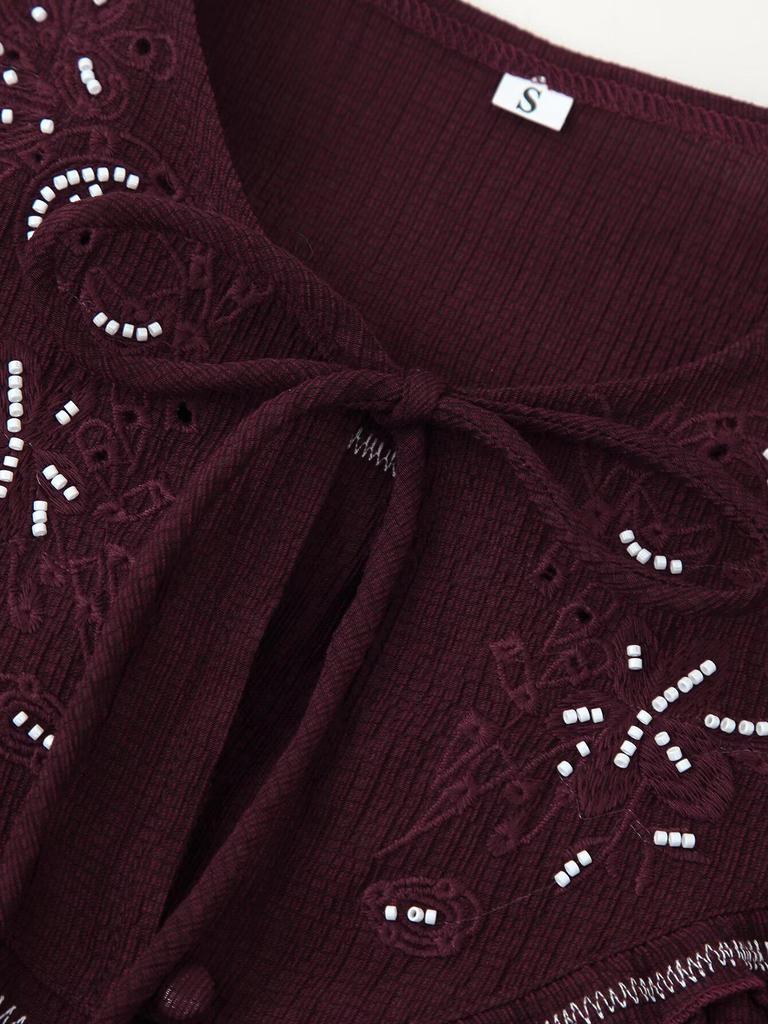 Autumn 2025 Women's V-Neck Tassel Lace-Up Bohemian Embroidered Shirt