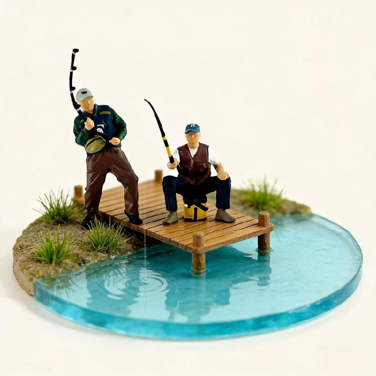 Artistic 1/64 Scale Miniature Fishing Figure Resin Attractive Mini Fishing Scene Resin Ornament for Decorative Use Gift