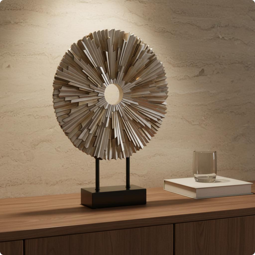 Abstract Desk Sculpture with Base Geometric Table Decor Metal Wall Disc Ornament Metallic-Finish House Decoration Modern Design