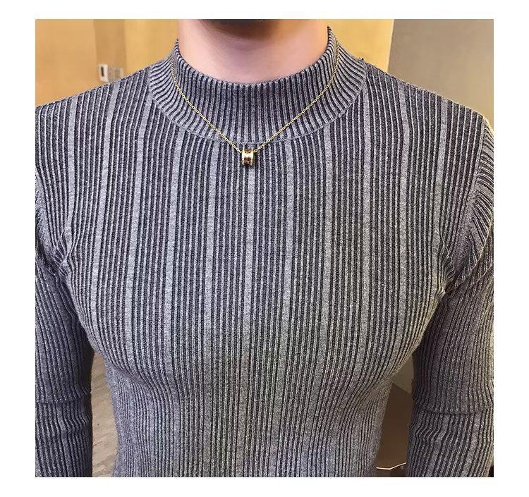2026 Men's Striped Slim-Fit Knitwear: Autumn/Winter Long-Sleeved Half-High Neck Base Layer