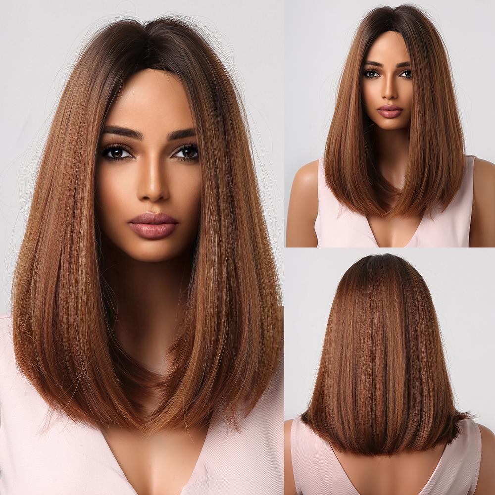 LOUIS FERRE Short Ash Brown Hair Wig for Women Synthetic Ombre Brown Straight Wigs With Bangs Shoulder Length Brown Natural Hair