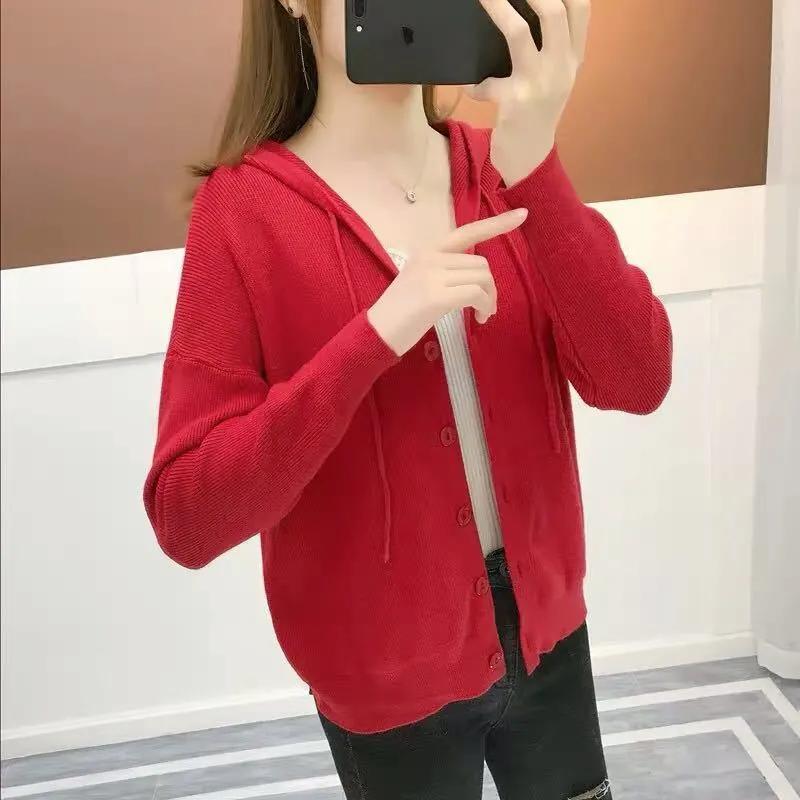 Spring and Autumn New Style Women's Hooded Knitted Jacket Women's Short Loose Outer Knitted Cardigan All-match Women
