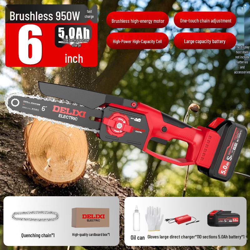 Delixi Rechargeable Brushless Electric Chainsaw with Lithium Battery - Handheld Garden Pruning and Felling Tool for Fruit Trees.