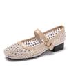 Fashion Crystal Studded Mesh Breathable Shoes Fashion Square Head Shallow Mouth Mary Jane Shoes Elegant Office Ladies Low Heel Pumps