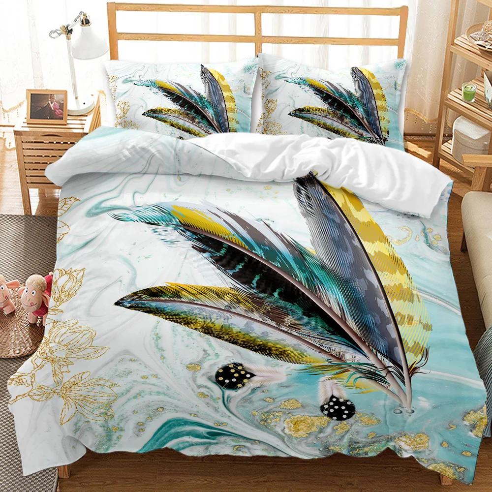 Feather Duvet Cover Set Green Dreamy Watercolor Elements Plumage Romantic Design Double Queen King Size Polyester Qulit Cover