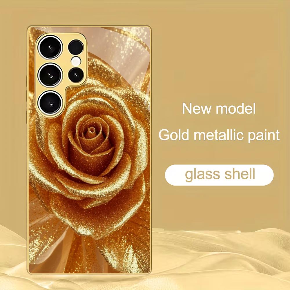 Golden Rose Plated Glass Phone Case Suitable for Samsung Galaxy S26 S25 S24 S23 S22 S20 FE/Ultra/Plus 5G Anti Drop Back Cover