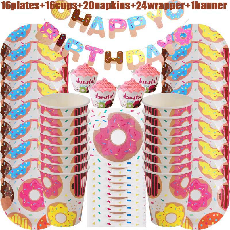 Donut Party Disposable Tableware Paper Plate Cup Napkins Donut Theme Kids 1st Birthday Party Decoration Baby Shower Supplies