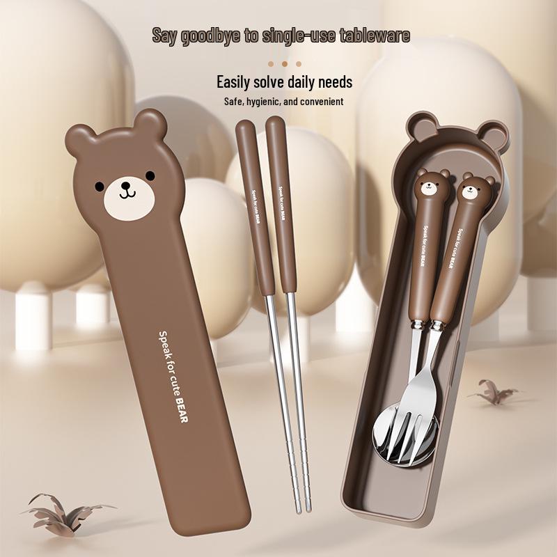 Conjunto de Talheres Portátil de Aço Inoxidável 304 Estilo Inspirado Desenho Animado: Colher, Garfo e Hashis para Estudantes e Trabalhadores de Escritório