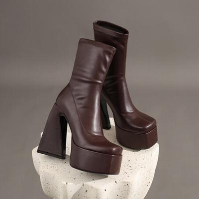 Stretch Punk Style Gothic Chunky Plateau Stiefeletten für Damen Herbst Winter Schuhe Damen Seltsame High Heels Stiefel Stiefeletten