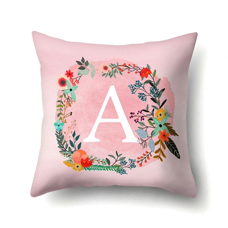 Polyester Pillowcase Pink Flower Home Decoration Print 26 English Letter Cushion Pillowcase