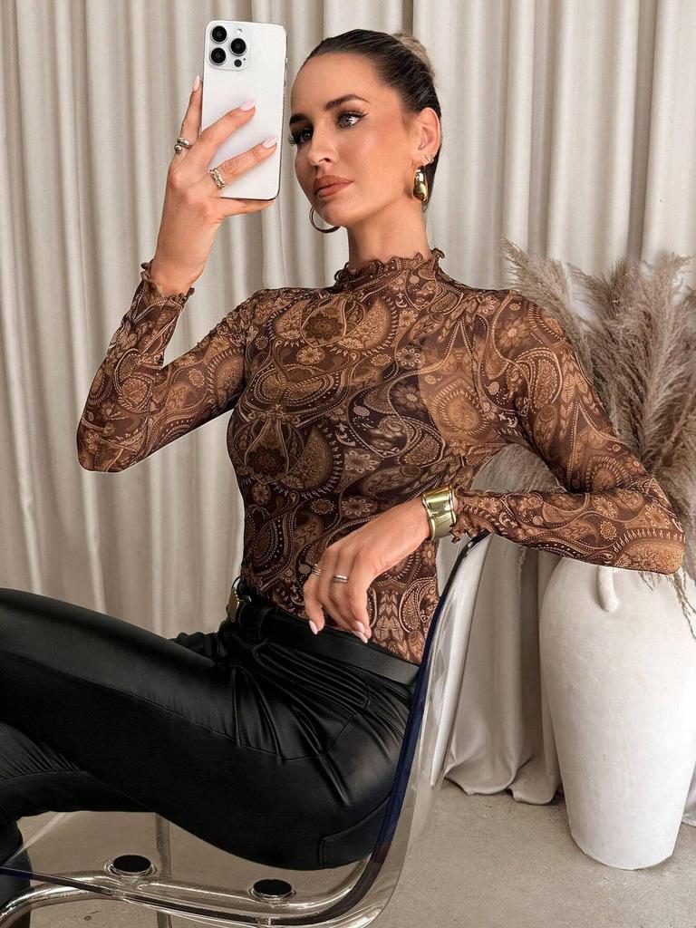 2025 Women's Sexy Leopard Print Mesh Trim Bodysuit Top