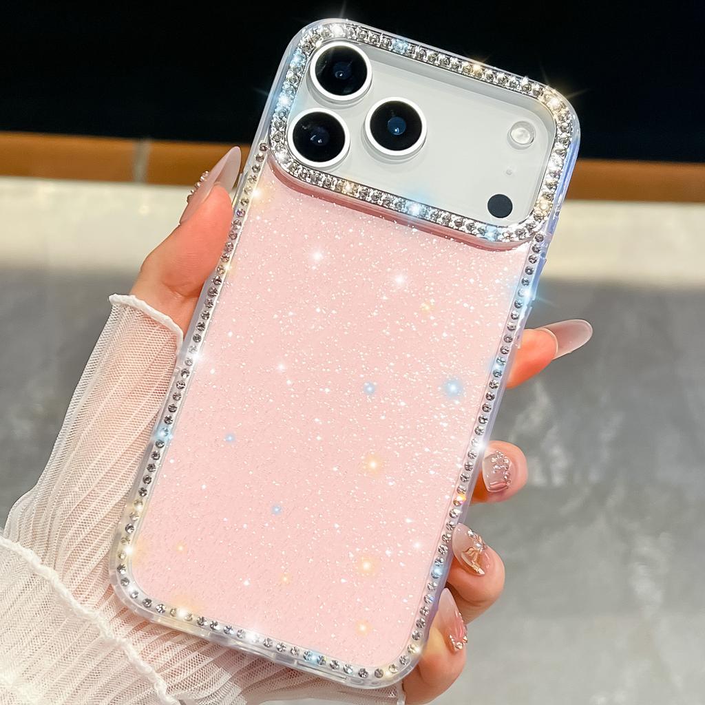 For iPhone 17 Pro Case Rhinestone Edge Glitter Back TPU+PC IMD Phone Cover