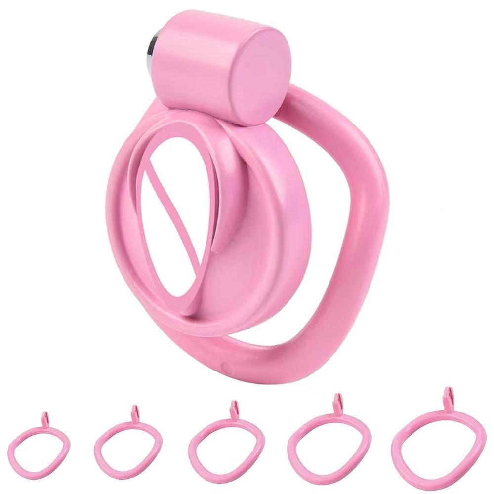 Pink Male Penis Chastity Cage Set Bird Chastity Cage Belt with 5 Size Rings Abstinence Lock Ring Lock Bondage Slave Crossdressing Labia Shape Sex Toy