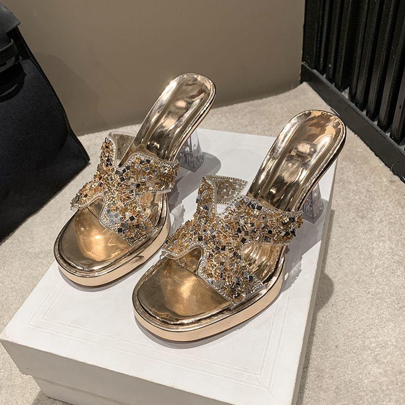 Niche crystal thick heel high heel one-word women 2025 summer new fashion versatile comfortable open-toed cool slippers women