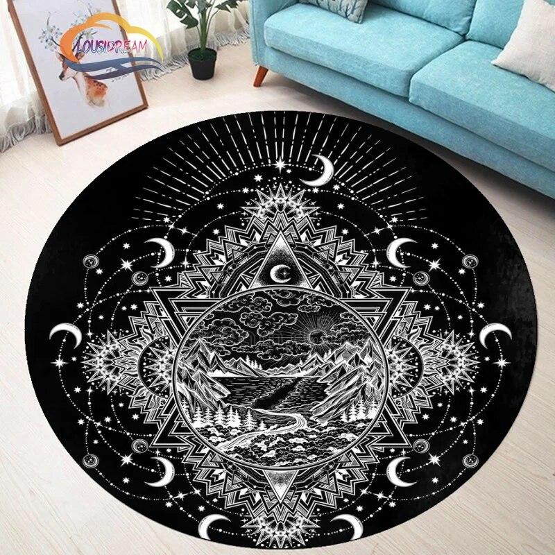 Pentagram Carpet Moon Satanic Round Rug Skull &  , Wicca  White  On Black  Goth Home Decor Chair Mats