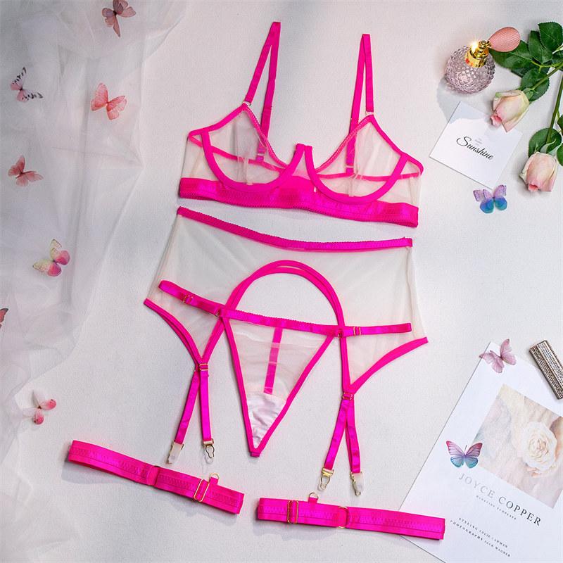 Dámská sexy souprava spodního prádla Nová krajková síťovinová průsvitné tenké erotické spodní prádlo Podprsenka Podvazek Noha Kroužek Kalhotky Módní kostým