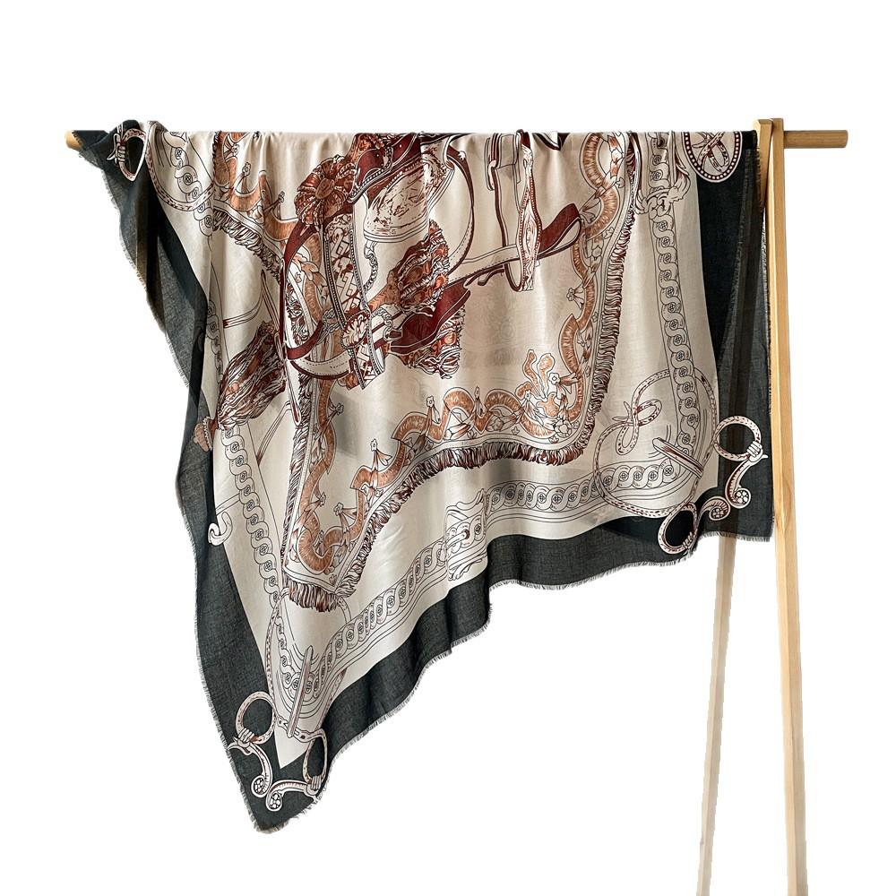 Black retro 135 square scarf autumn and winter new shawl silk scarf literary imitation cotton and linen scarf rough edge hollow out