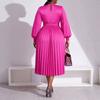 Women Solid Color Round Neck Lantern Sleeve Heart Belt Pleated Midi Dress Casual Loose Fit Dress