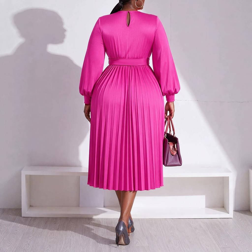 Women Solid Color Round Neck Lantern Sleeve Heart Belt Pleated Midi Dress Casual Loose Fit Dress