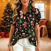 Damen Casual V-Ausschnitt Rüschen Kurzarm Knopfleiste Oberteil mit Weihnachtsdruck